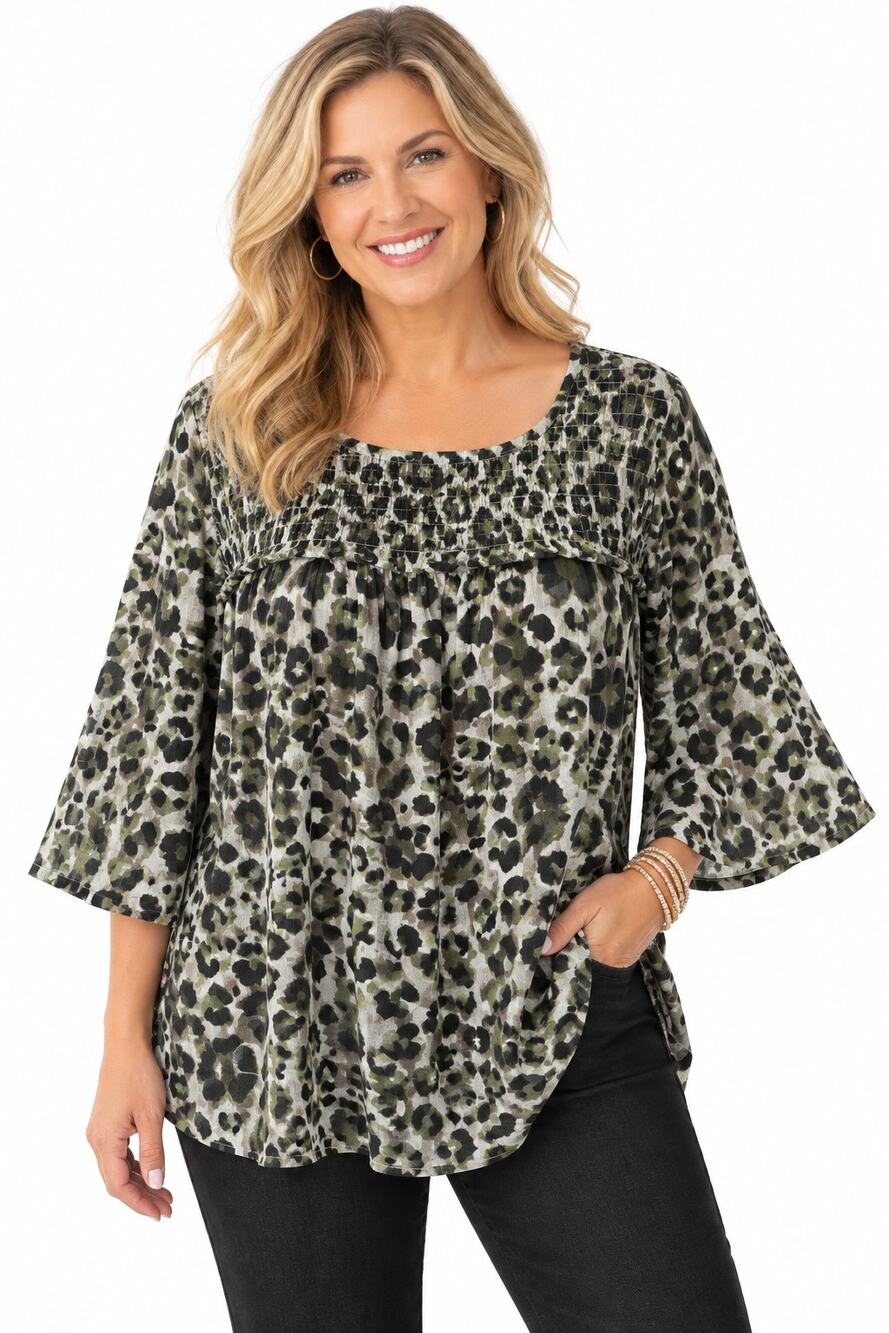LOGO Lori Goldstein Leopard Smocked Top Womens Size 1X Gray Green Flowy Blouse